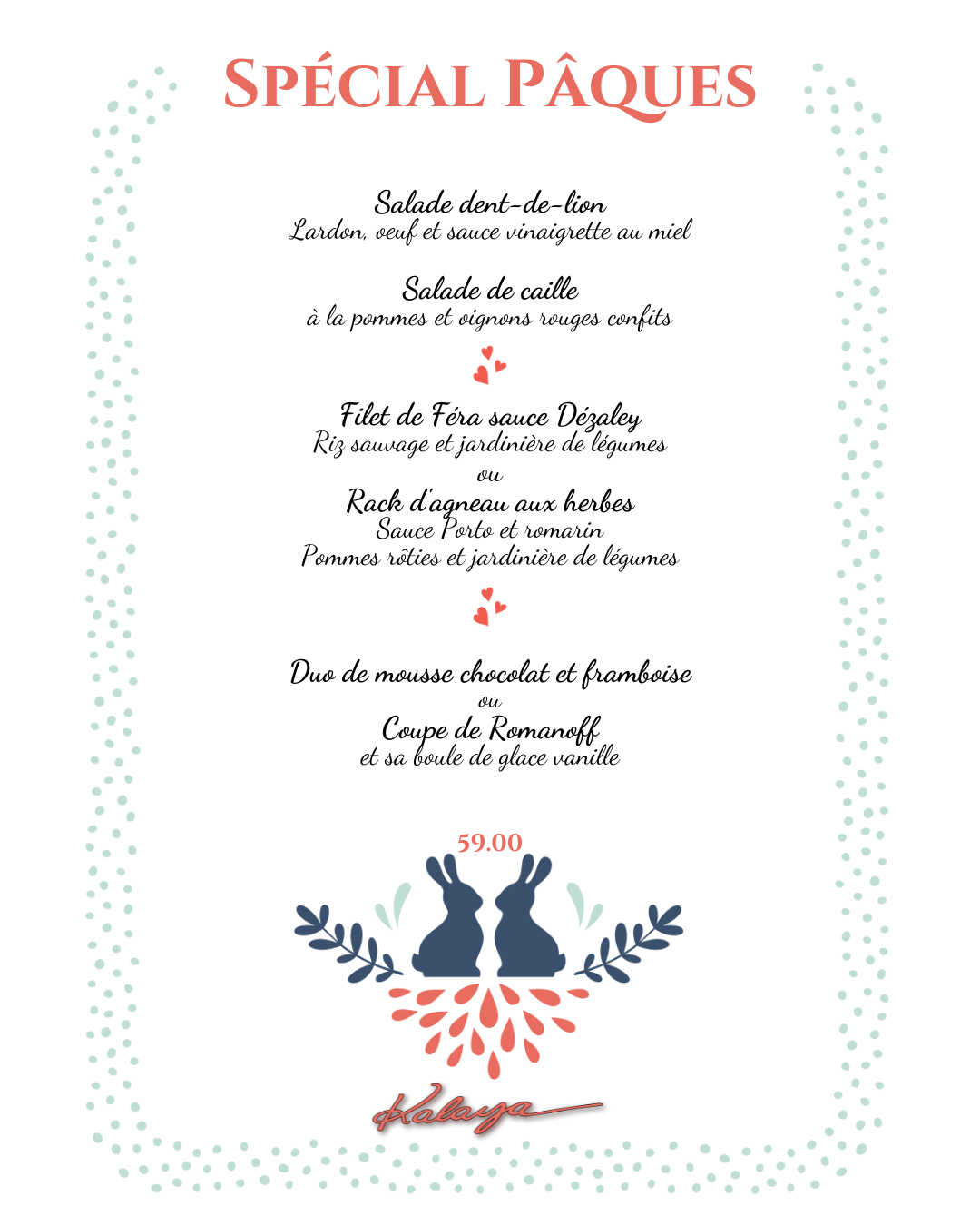 Menu de Pâques Kalaya Lounge Bar Yverdon