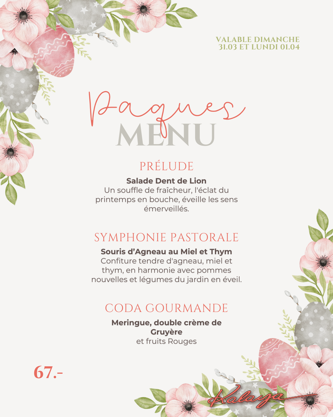 Menu de Pâques Kalaya Lounge Bar Yverdon